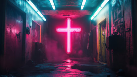 A captivating scene featuring a vibrant neon cross in a dark urban alleyway. The alley is illuminated with bright colors and enveloped in fog, creating a mysterious atmosphere.の素材