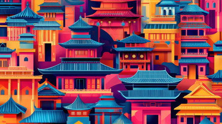 A stunning illustration featuring vibrant and colorful traditional Asian architecture. This artwork showcases intricate designs and patterns in a lively urban setting.の素材