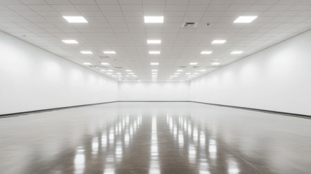 A spacious and empty modern interior featuring bright lighting and a polished floor. The minimalist design offers a versatile space for various activities.の素材