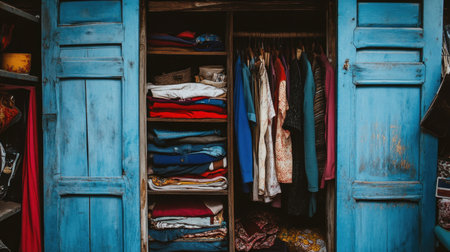 A rustic wooden wardrobe showcases a vibrant collection of clothing and textiles. The blue doors add charm to the organized arrangement of colorful fabrics and outfits.の素材