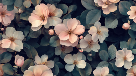 Discover a beautiful composition of soft pink and white flowers interspersed with green leaves, perfect for capturing the essence of nature's delicate beauty.の素材