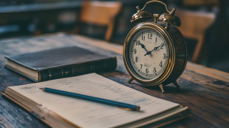 A serene vintage desk scene featuring an antique clock, a notebook with a pen, and books. This cozy setting invites creativity and inspires focus on writing and reflection.の素材