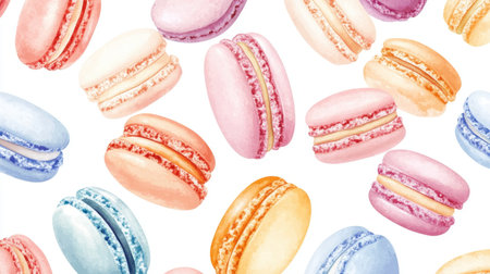 A delightful array of colorful macarons, perfect for dessert-themed projects. This elegant background showcases a variety of pastel-colored treats, creating a sweet and charming aesthetic.の素材