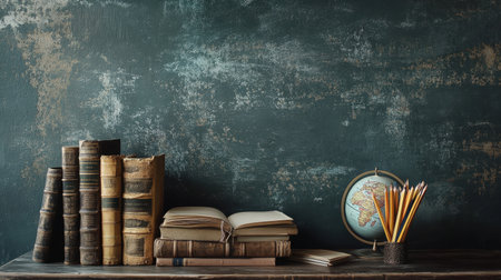 A cozy vintage study space featuring a collection of antique books, a globe, and colorful stationery on a rustic wooden table against a textured backdrop.の素材