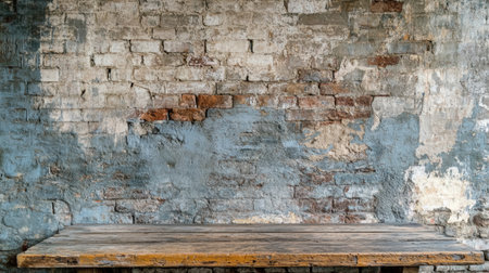 This image showcases a rustic wooden table set against a weathered brick wall. The textures and colors create a warm, inviting atmosphere suitable for various design projects.の素材