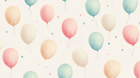 A charming pattern of soft pastel balloons floats against a light background, perfect for celebrating special moments with joy and creativity. Ideal for party themes.の素材