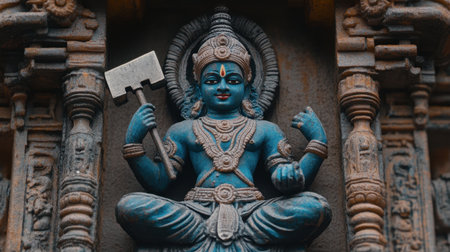 This image features a vibrant blue sculpture of a Hindu deity holding an axe, seated in a meditative posture. The intricate details showcase the artistry of ancient temple design.の素材