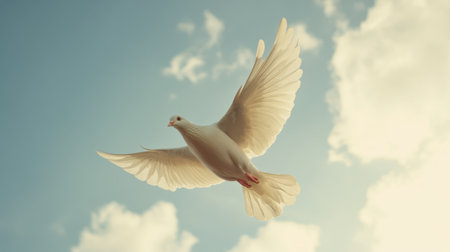A stunning image of a white dove soaring through a clear blue sky, surrounded by soft, fluffy clouds. This scene captures the essence of peace and freedom in nature.の素材