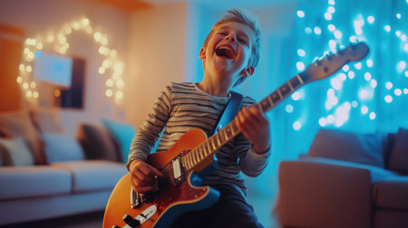 A joyful boy passionately plays an electric guitar in a cozy, decorated living room filled with soft lights. His laughter and energy illuminate the space, showcasing the pure essence of childhood fun.の素材