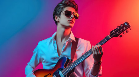 Dynamic young musician passionately plays guitar, showcasing his style in vibrant light. Wearing sunglasses, he embodies creativity and youthful energy.の素材