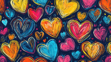 This vibrant illustration features an array of colorful hearts on a dark background, ideal for creative projects, celebrations, and expressions of love.の素材