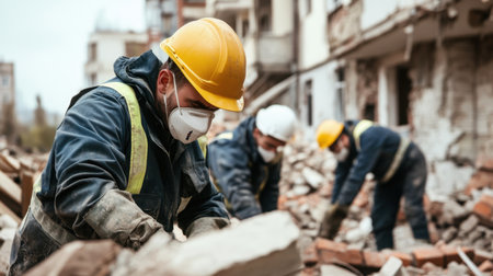 A team of dedicated construction workers, equipped with safety gear, meticulously clear debris from a damaged site, showcasing their commitment to restoration and safety.の素材