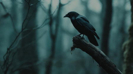 A dark raven perches on a branch in a foggy forest, embodying solitude and mystery. The atmospheric scene captures the essence of nature's quiet beauty.の素材