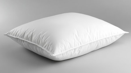 A soft white pillow resting on a light gray background, ideal for promoting comfort and relaxation in home decor. Perfect for cozy bedrooms or living spaces.の素材