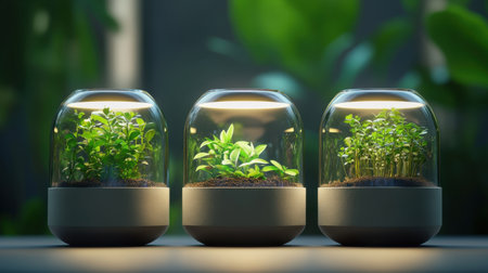 This captivating image shows three jars of vibrant plants, each uniquely thriving in a modern indoor setting, highlighting sustainable design and nature's beauty.の素材