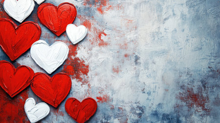 Bright red and white hearts on an artistic textured background, ideal for themes of love and romance. Perfect for Valentine's Day or heartfelt expressions.の素材