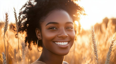 This image captures a joyful woman smiling warmly in a golden wheat field during sunset, radiating happiness and a connection to nature.の素材