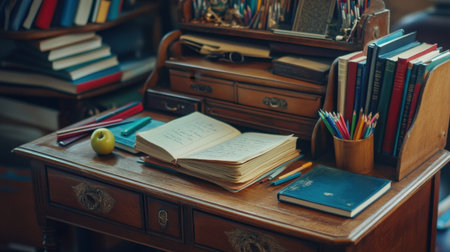 A charming vintage wooden desk featuring an open book, colorful stationery, and a fresh apple, creating an inviting and creative workspace atmosphere.の素材
