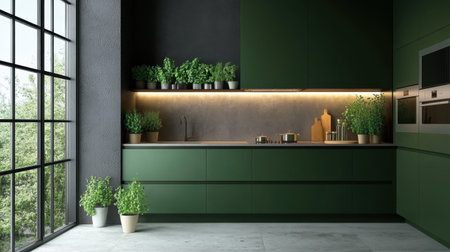 This serene kitchen features a modern design with green cabinetry and lush indoor plants. Abundant natural light enhances the tranquil atmosphere, perfect for cooking and relaxation.の素材