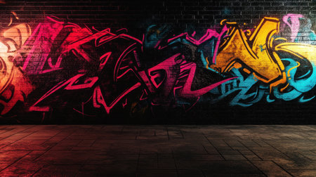This image showcases vibrant graffiti art on a dark brick wall, highlighting energetic colors and intricate designs that reflect urban culture and creativity.の素材