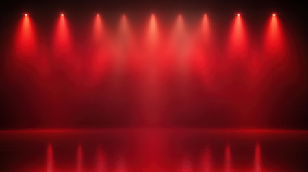 This image features a dramatic red lighting setup with reflections on a dark stage. The vibrant illumination creates an energetic atmosphere, ideal for performances and artistic presentations.の素材