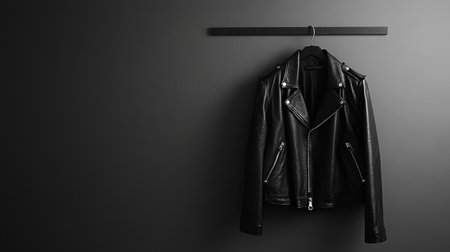 A stylish black leather jacket hangs on a minimalist hanger against a dark background. This image portrays modern fashion and timeless elegance.の素材