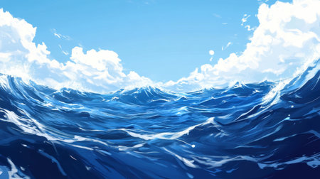 Experience the beauty of vast blue ocean waves under a serene clear sky. This scene captures the tranquil beauty of nature and the soothing waves.の素材
