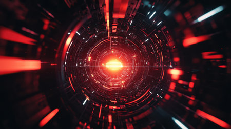 Vibrant abstract artwork showcasing futuristic technology with red circular patterns and glowing lights, conveying energy and motion in a digital space.の素材