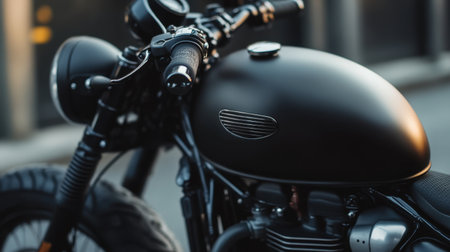 A striking close-up of a matte black motorcycle highlighting its sleek design and intricate details. Perfect for showcasing modern craftsmanship and style.の素材