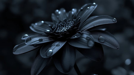 Captivating close-up of a dark flower adorned with sparkling water drops, set against a soft-focus background, evoking feelings of natural beauty and tranquility.の素材