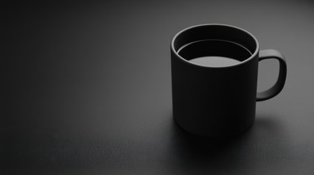 A serene black cup of coffee sits on a dark surface, embodying minimalist design and simplicity. Ideal for themes of comfort and elegance in photography.の素材