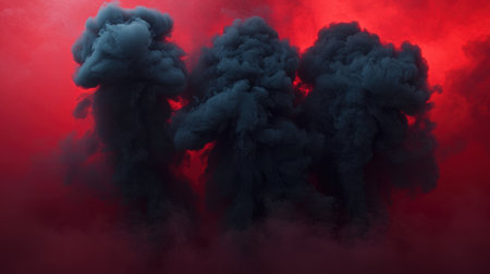 This striking image features dark smoke clouds emanating against a vibrant red background, creating a dramatic and abstract atmosphere perfect for various creative projects.の素材