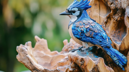 This captivating blue bird sculpture showcases intricate craftsmanship and vivid colors, set against a beautifully textured wooden base, perfect for art lovers.の素材