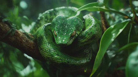 This stunning close-up showcases a green snake nestled among vibrant jungle foliage, highlighting the intricate patterns on its scales and the serene beauty of nature.の素材