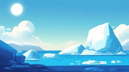 A stunning Arctic landscape featuring majestic icebergs floating in crystal clear water under a bright blue sky. Perfect for nature lovers.の素材