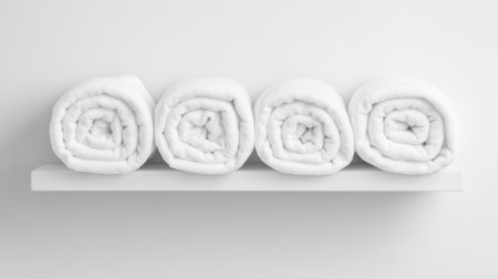 A serene display of four neatly rolled white towels on a minimalist shelf. This image evokes feelings of comfort and cleanliness, perfect for spa or hotel settings.の素材