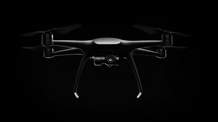 A sleek, modern drone with a camera captured in front view against a black background. Perfect for showcasing aerial photography technology and innovation.の素材