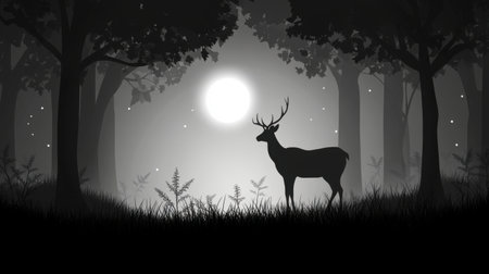 A stunning silhouette of a majestic deer stands gracefully in a misty forest, with a bright moon illuminating the serene night scene surrounded by trees.の素材