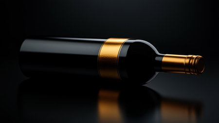 An elegant black wine bottle with a sophisticated golden seal, perfect for conveying luxury and style. Ideal for gourmet and dining themes.の素材