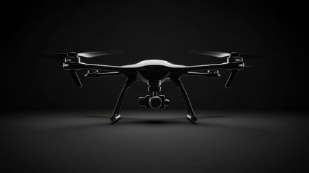 A sleek black drone with a camera suspended below it is showcased against a dark background. This high-tech equipment represents innovation in aerial photography and exploration.の素材
