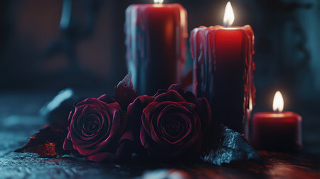 A beautifully arranged scene featuring red roses and lit candles, creating a romantic and cozy atmosphere perfect for special occasions or intimate moments.の素材