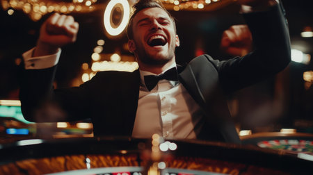 A joyful man in a tuxedo celebrates a significant win at a casino table, surrounded by vibrant atmosphere and dazzling lights, capturing pure excitement and thrill.の素材