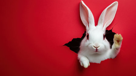 A lively white rabbit breaks through a vibrant red wall, showcasing its playful nature. The rabbit expression exudes curiosity, adding a whimsical touch.の素材