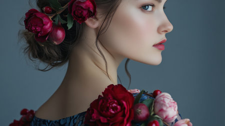 Captivating portrait of a woman adorned with flowers, showcasing elegance and beauty. The artistic style highlights floral accents, creating a serene atmosphere.の素材