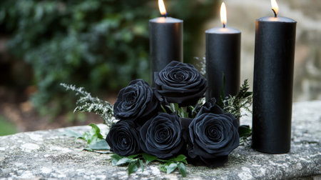This image showcases a serene arrangement of black roses and tall candles, creating a mysterious and romantic atmosphere suitable for various occasions.の素材