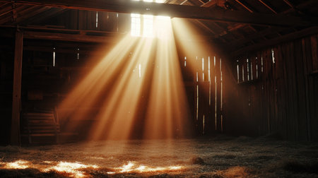 Capture the essence of tranquility with sun rays streaming through a barn window, illuminating the rustic interior. A perfect blend of light and shadow creates a serene atmosphere.の素材