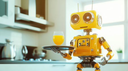 A cheerful yellow robot serves a glass of fresh orange juice in a stylish kitchen setting, showcasing the blend of technology and modern home life.の素材