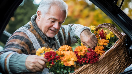 An elderly man enjoys arranging a vibrant selection of flowers in a basket. Set against a beautiful autumn backdrop, this scene captures tranquility and joy in nature.の素材