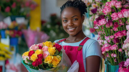 A cheerful young woman stands in a flower shop, holding a vibrant bouquet of colorful roses. The atmosphere is filled with fresh flowers and joy.の素材