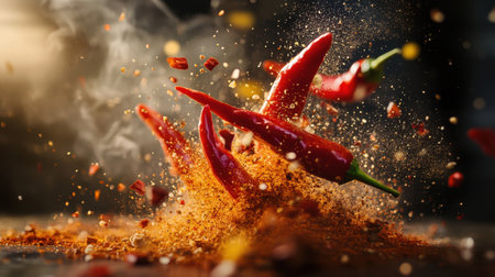 Captivating image of red chili peppers fiercely bursting through a cloud of spices, showcasing the vibrant colors and textures of culinary inspiration.の素材